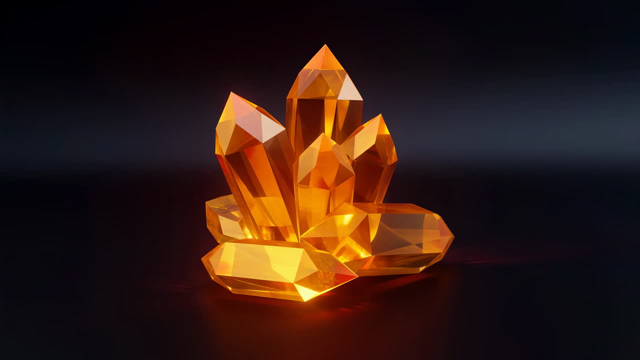 Glowing Amber Crystal Cluster On Black Backdrop, Reflective Faceted Quartz Gem Emitting Warm Orange Light,
