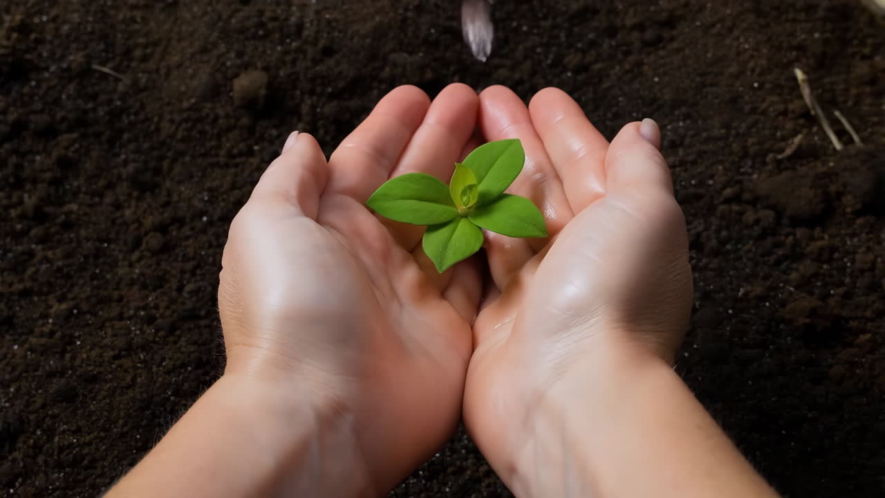 Hands nurturing a small green plant sprout in soil