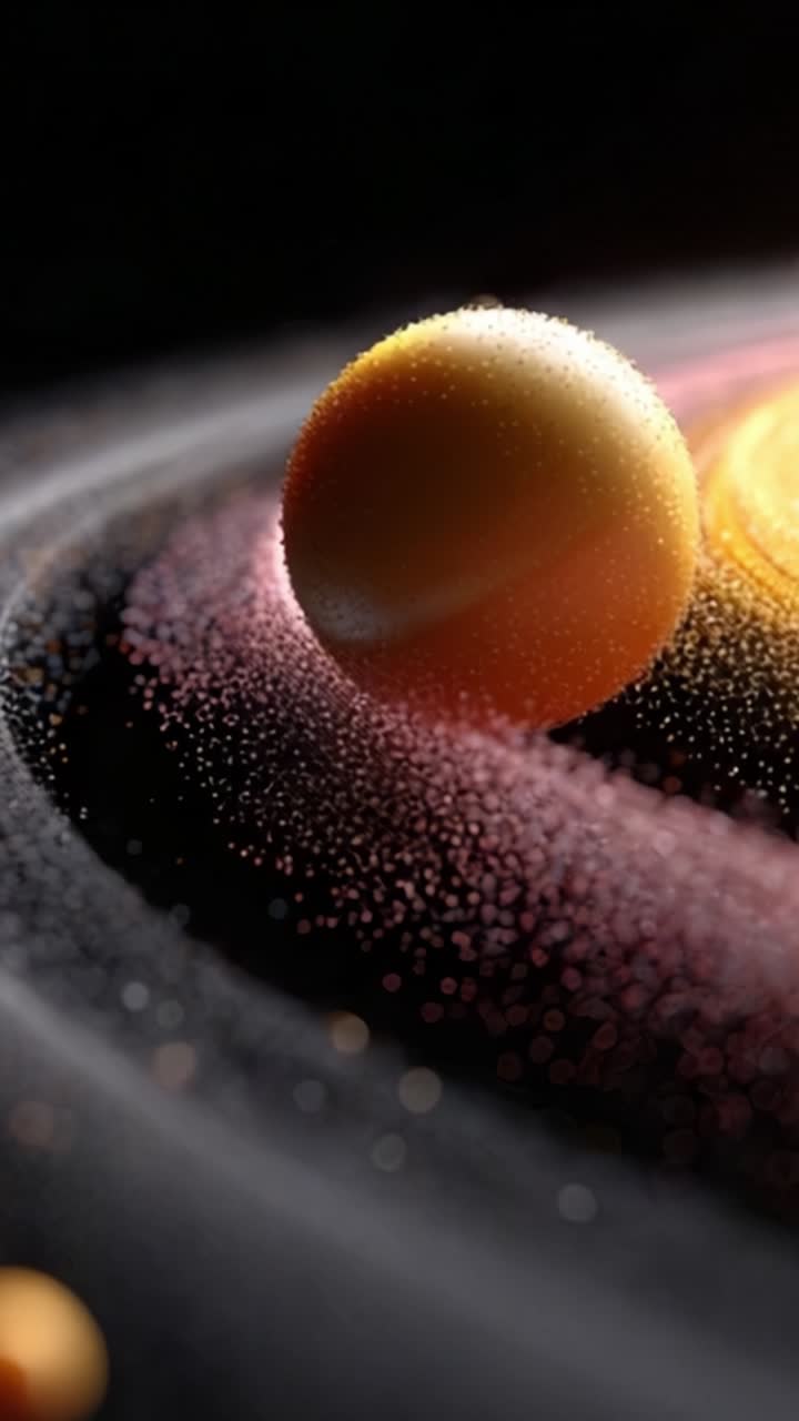 Et betagende visuelt billede af en himmelkugle, der navigerer gennem levende kosmiske ringe af støv og lys mod en mørk rumbaggrund