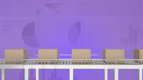 animation of financial data processing over cardboard boxes on conveyor belt