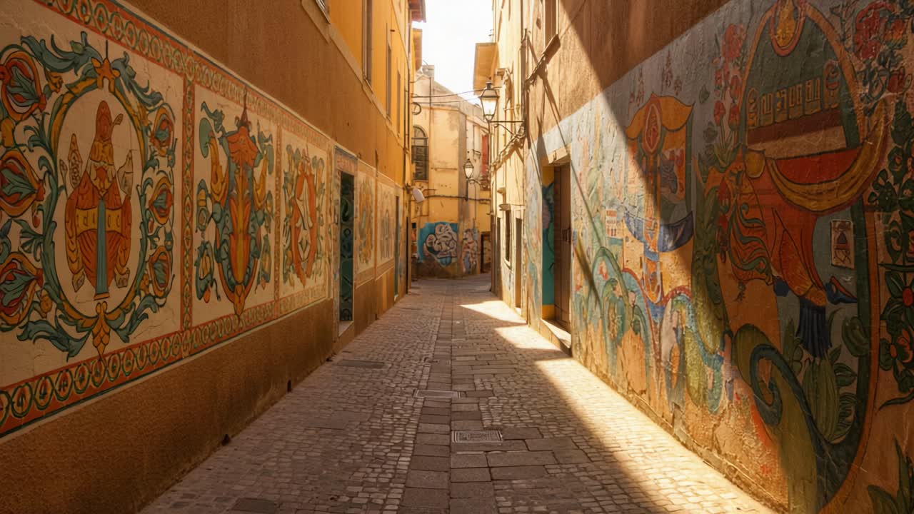 Exploring a Colorful City Alleyway Decorated with Vibrant Murals and Artwork, Perfect for Capturing Unique Urban Landscapes and Artistic Expressions