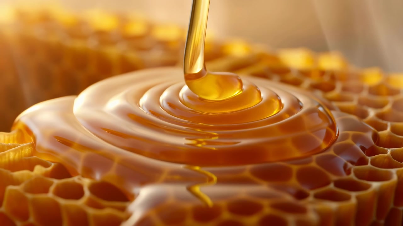 Miele dorato continuo scorre su un favo testurizzato, creando anelli lucidi, delicate increspature e un lento straripamento attraverso le celle esagonali di cera, con luce calda, ricco splendore e un appetitoso dettaglio naturale.