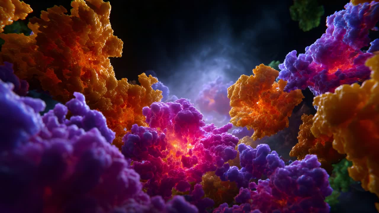 Vivid Abstract Clouds Erupting with Colorful Flames and Dynamic Light Creating an Ethereal Scene of Fractal Patterns and Cosmic Energy Visions