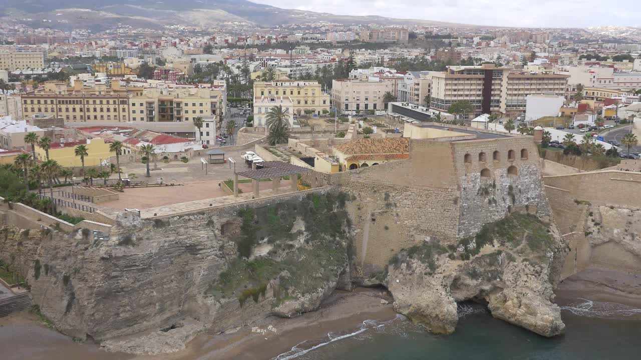 Aerial view of the historic fortress of Melilla, Spain, built on a rocky cliff