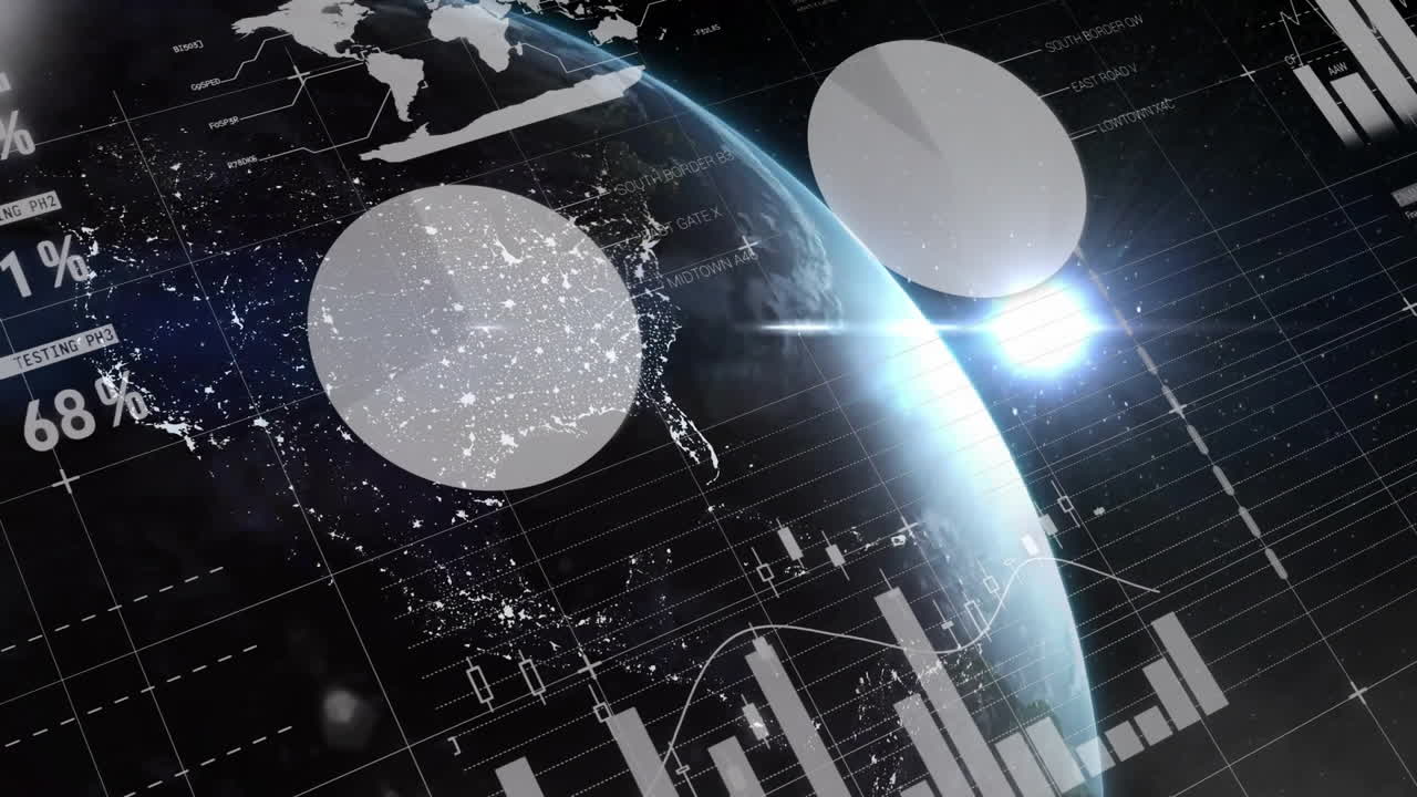 Earth globe orbiting in space, showing data overlays, grid lines, glowing chart highlights