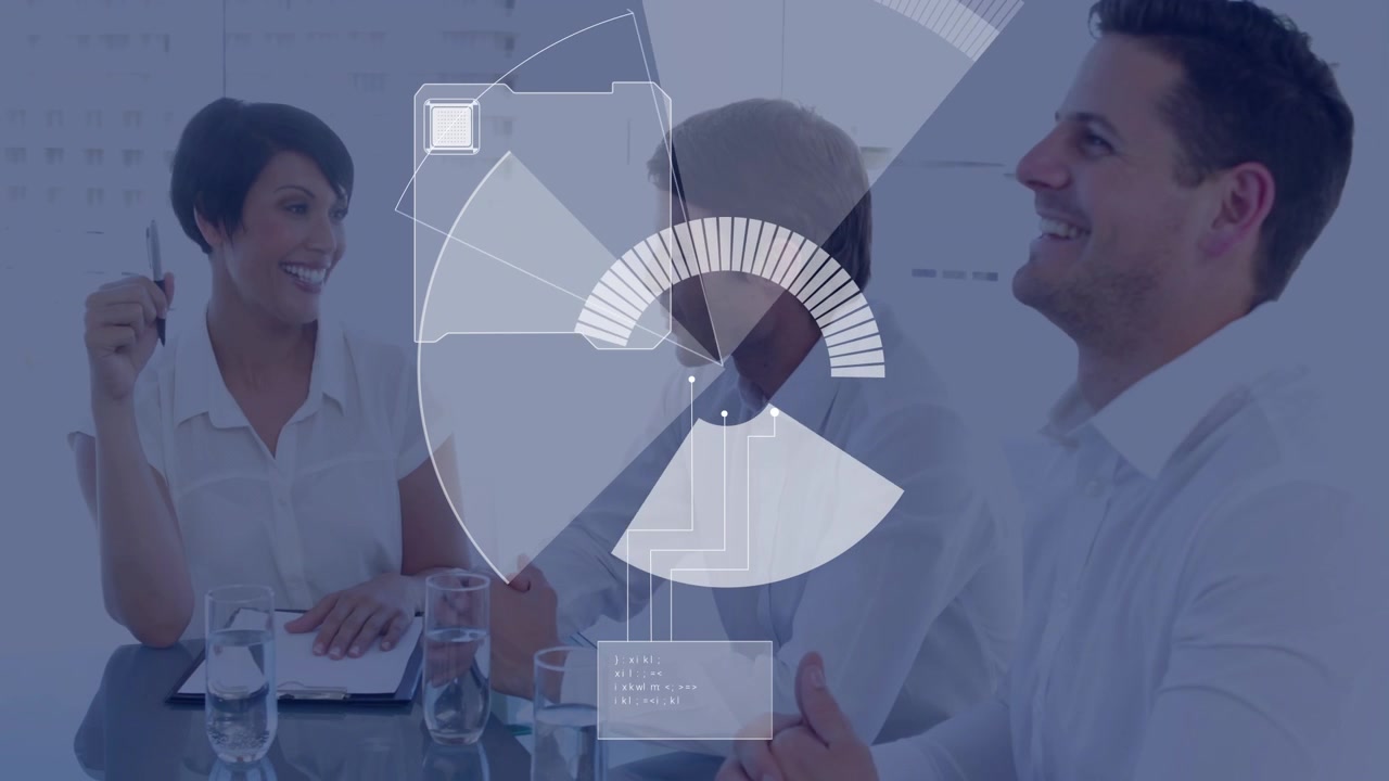Woman making point with pen while business team listening HUD rotating highlighting chart to decide