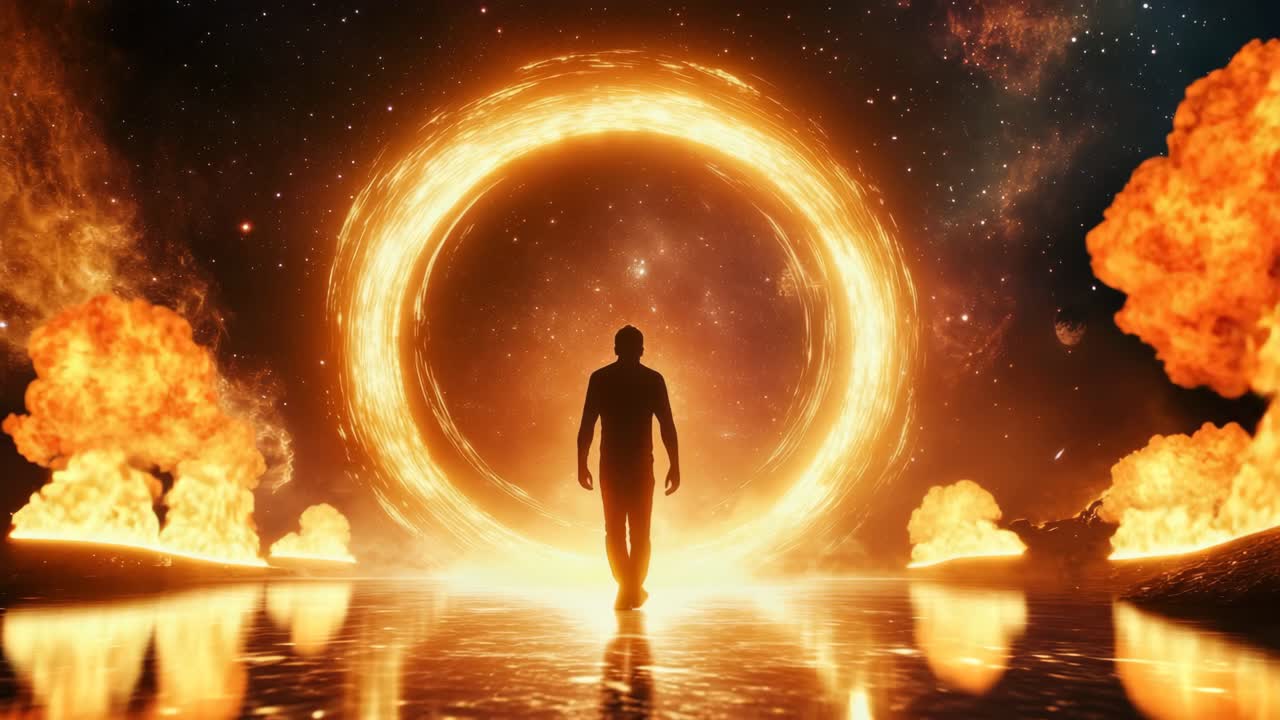 Silhouette of a person walking towards a glowing portal in a cosmic landscape