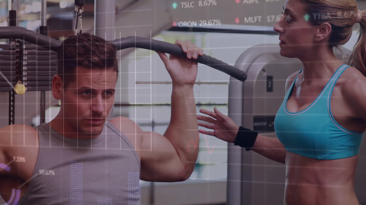 건강한 백인 여성과 남성이 운동하는 데이터 처리의 애니메이션