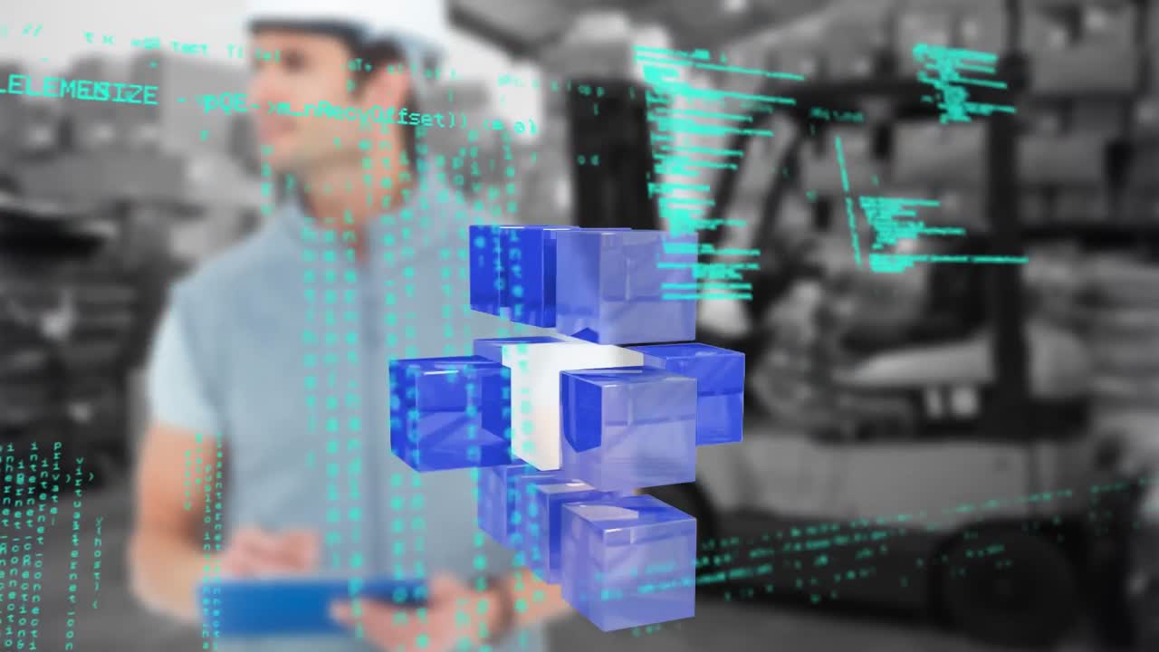 animación de procesamiento de datos y cubos sobre trabajador masculino caucásico en el almacén.