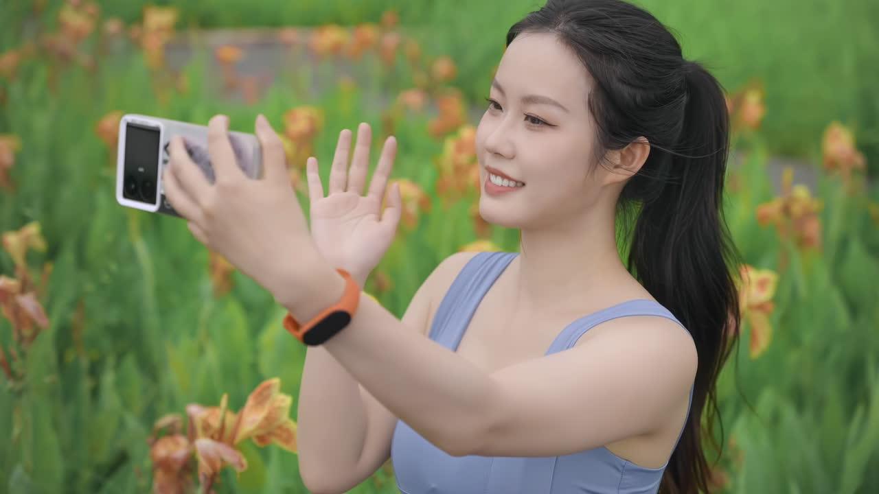ผู้หญิงนักกีฬาในชุดออกกำลังกายยิ้มแย้ม ใช้โทรศัพท์มือถือสื่อสารหรือถ่ายเซลฟี่ด้วยสมาร์ทโฟนกลางแจ้ง สาวฟิตเนสสุดสวยกำลังพักถ่ายรูปในระหว่างการฝึกซ้อม