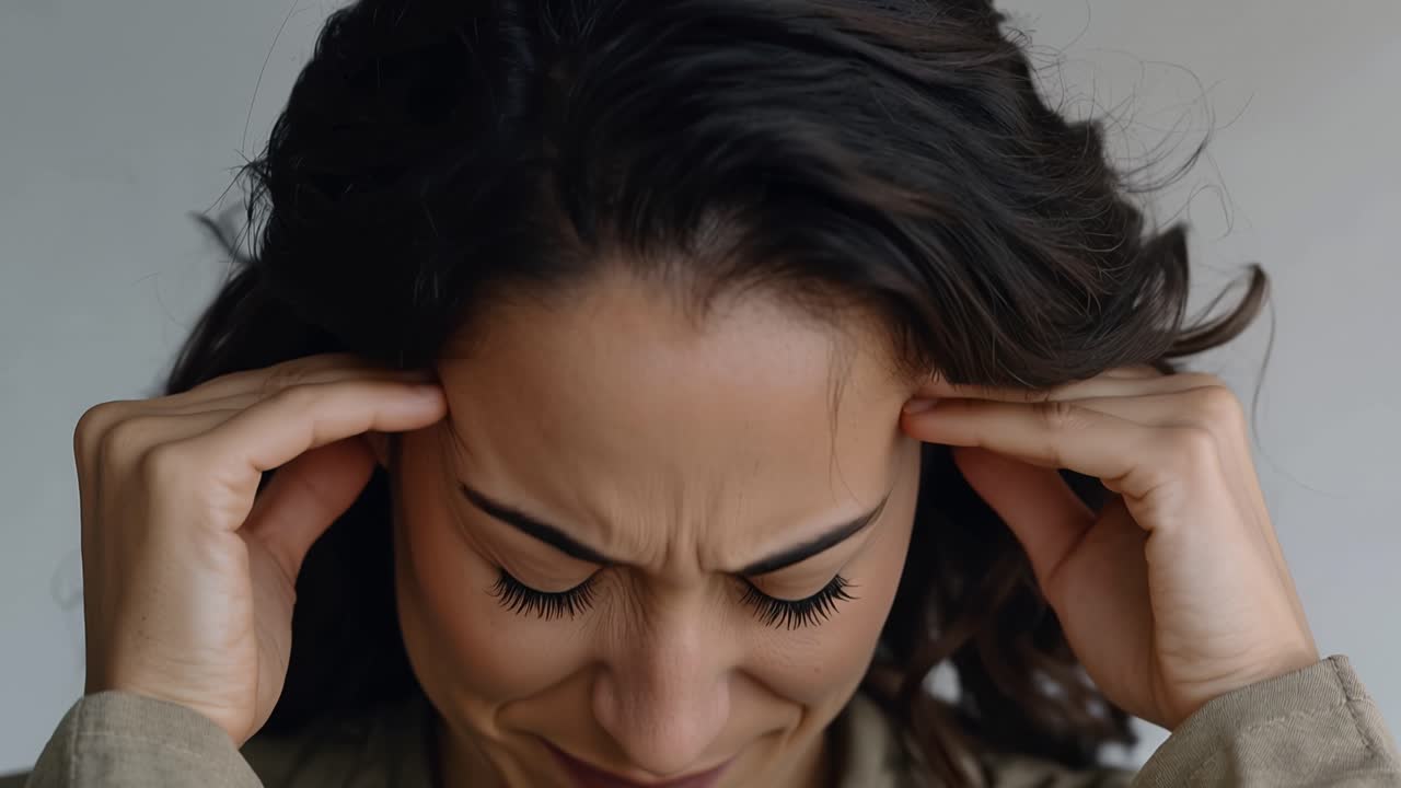 Una donna si stringe la testa, occhi chiusi, stressata. Una luce soffusa incornicia la sua espressione preoccupata. I suoi ricci scuri incorniciano un viso stanco e ansioso. Le mani premono le tempie, mostrando sforzo mentale.