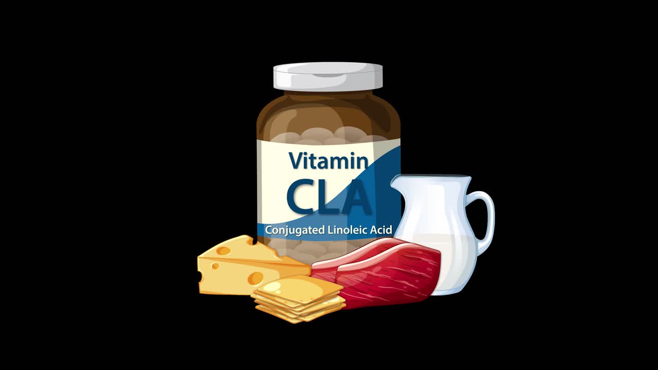 Vitamin supplement bottle animates as cheese, milk, and meat appear beside it on black background