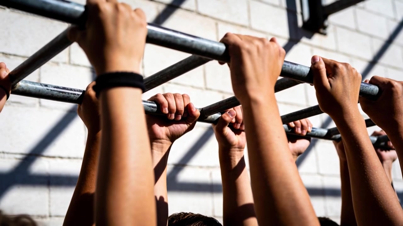 Gripping teens preparing for exercise on metal bars in yard, short sleeves, black wristband