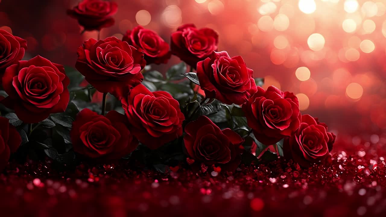 Red roses against a sparkling background. Vibrant red roses arranged beautifully with sparkling lights in the background, creating a romantic atmosphere.