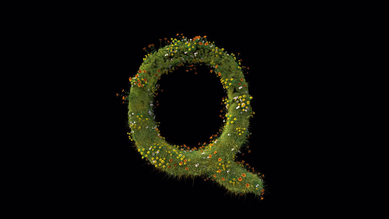Lettera Q animata fatta di erba verde e fiori colorati