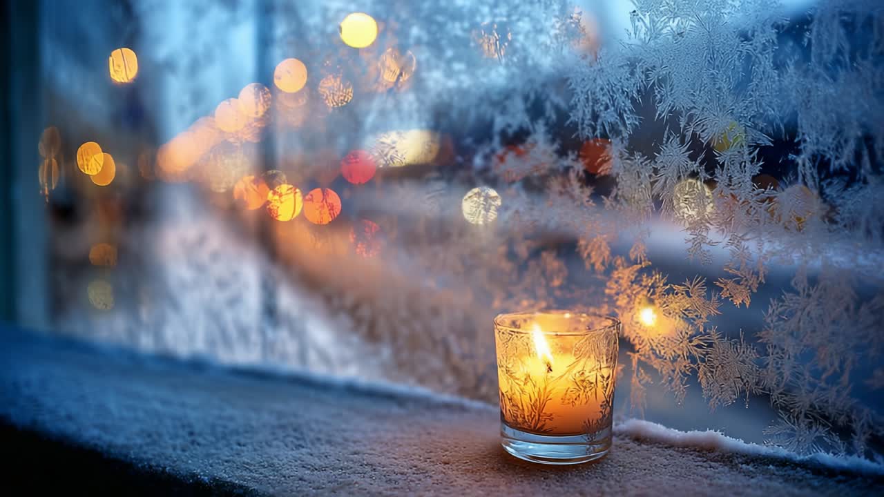 A serene winter scene captured through a frosted window, featuring a glowing candle resting on a snowy ledge, providing a warm ambiance against the cool backdrop of icy patterns and blurred city lights