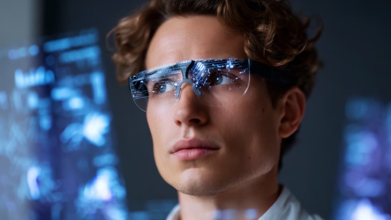 Fokuseret ung professionel med smarte briller interagerer med digitalt interface i en futuristisk setting og demonstrerer avanceret teknologi og innovation