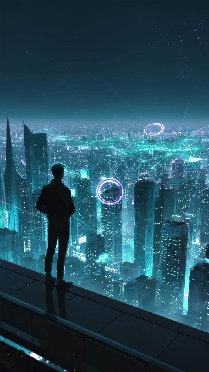 Sagoma di uomo che osserva una rete urbana digitale futuristica di notte