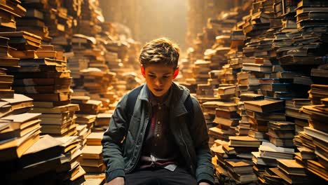 young boy immersed in a vast library of stacked books