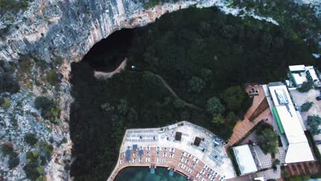 Top-view-of-the-submerged-lake-Vouliagmeni-in-Athens,-Greece-|-4K