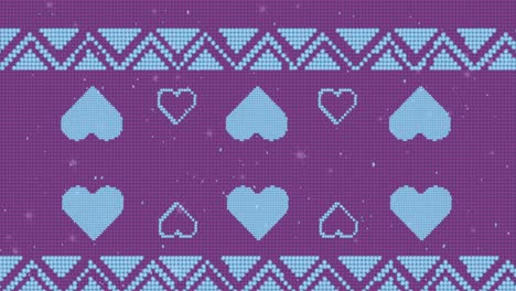 Animation-of-christmas-blue-heart-pattern-with-snow-falling-on-purple-background