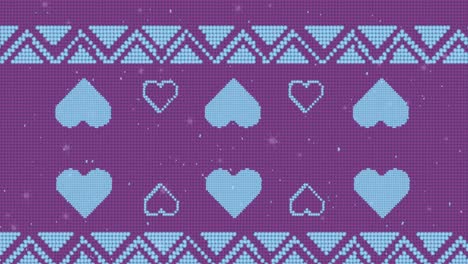 animation of christmas blue heart pattern with snow falling on purple background