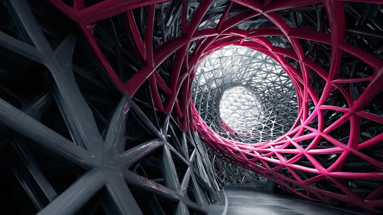 A Stunning Visual of an Intricate Geometric Structure, Highlighting a Spiraling Pathway Surrounded by Interwoven Elements of Matte Black and Vivid Pink, Evoking Modern Architecture and Design