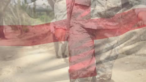 animation of red dots and flag of englands over caucasian male soldier marching