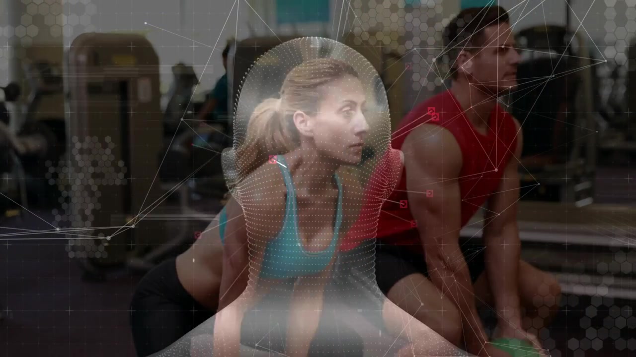 Couple starting mirroring green med ball lifts in fitness, causing wireframe head mesh showing form