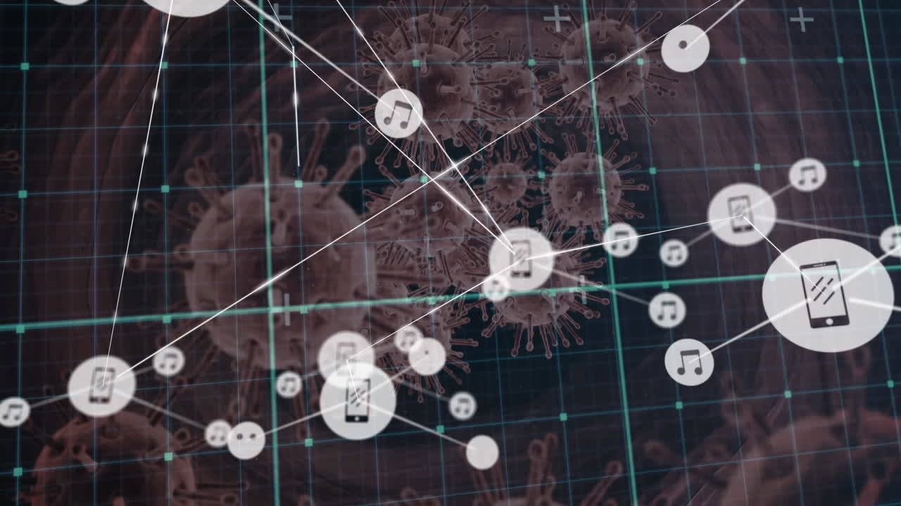 animación de la red de conexiones sobre células covid en fondo negro