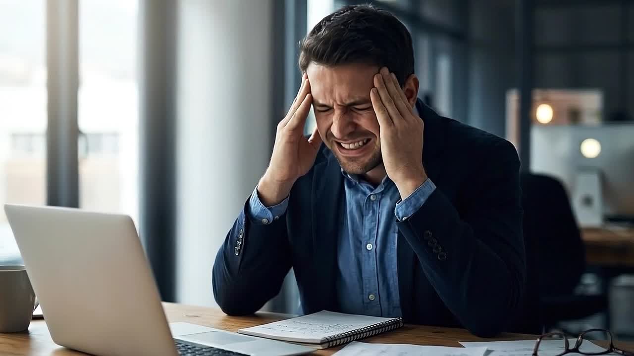 Empresario sentado en el escritorio haciendo una mueca y sujetándose las sienes con un cuaderno y un portátil durante una sesión de trabajo estresante