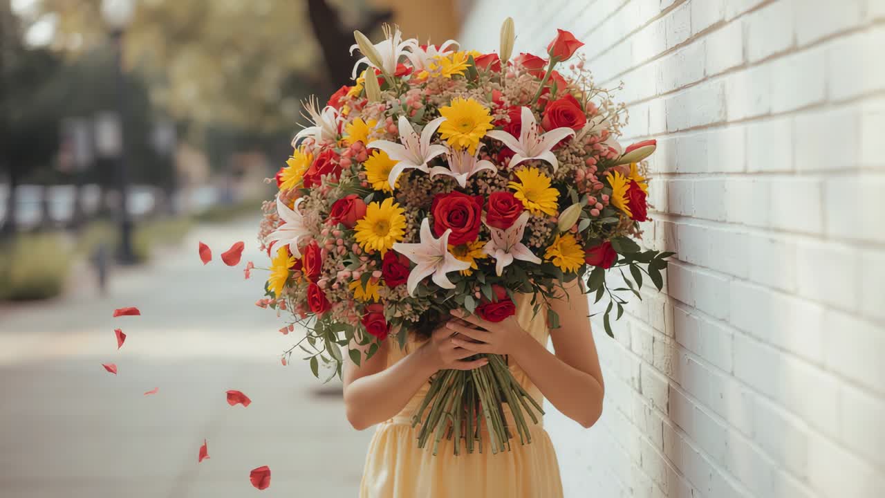 Donna con bouquet in abito giallo che sistema la presa vicino a un muro bianco, brezza che fa cadere i petali