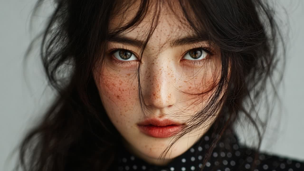 Captivating Close-Up Portrait of a Young Woman with Freckles and Long Dark Hair, Exuding Intense Expression and Unique Beauty in a Polka Dot Attire