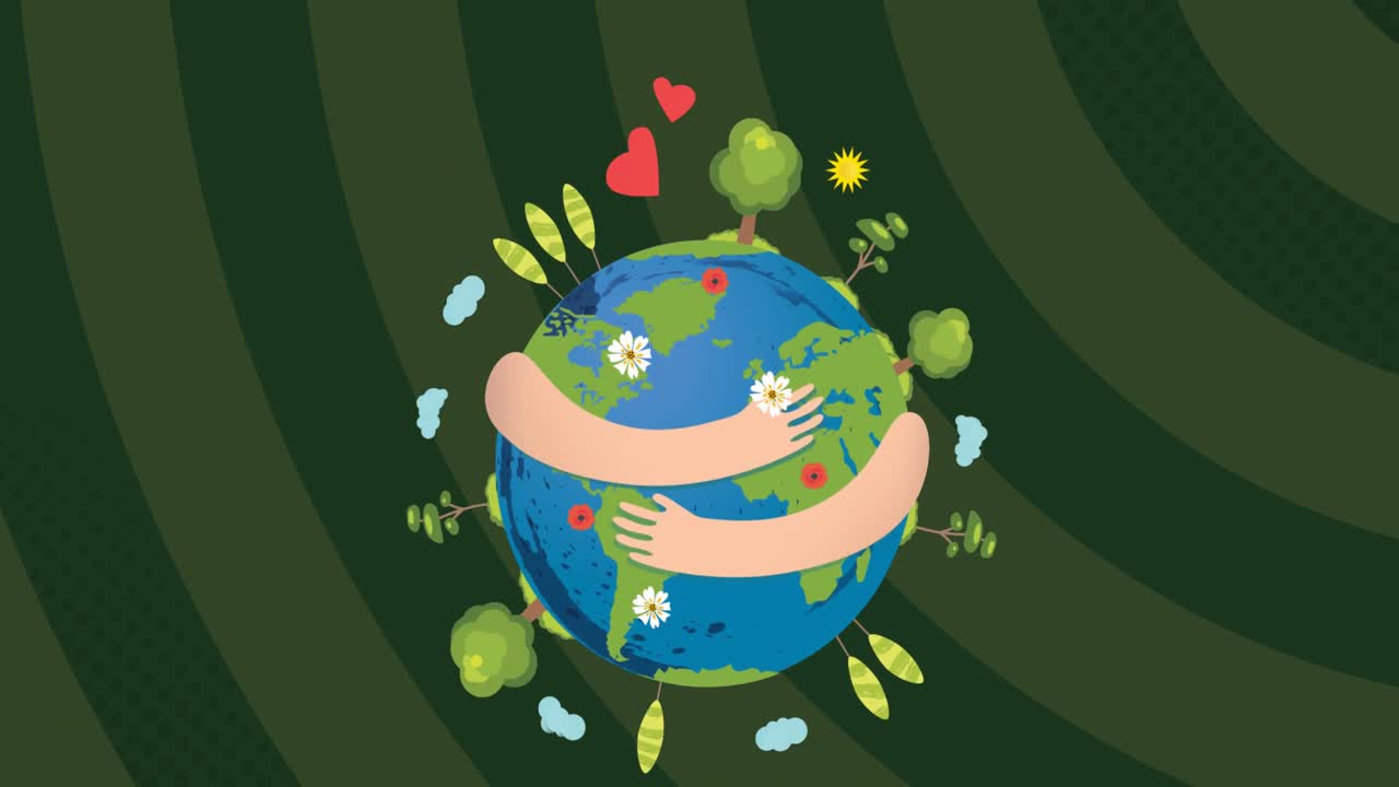 나선형 녹색 배경에 손에 있는 지구의 애니메이션