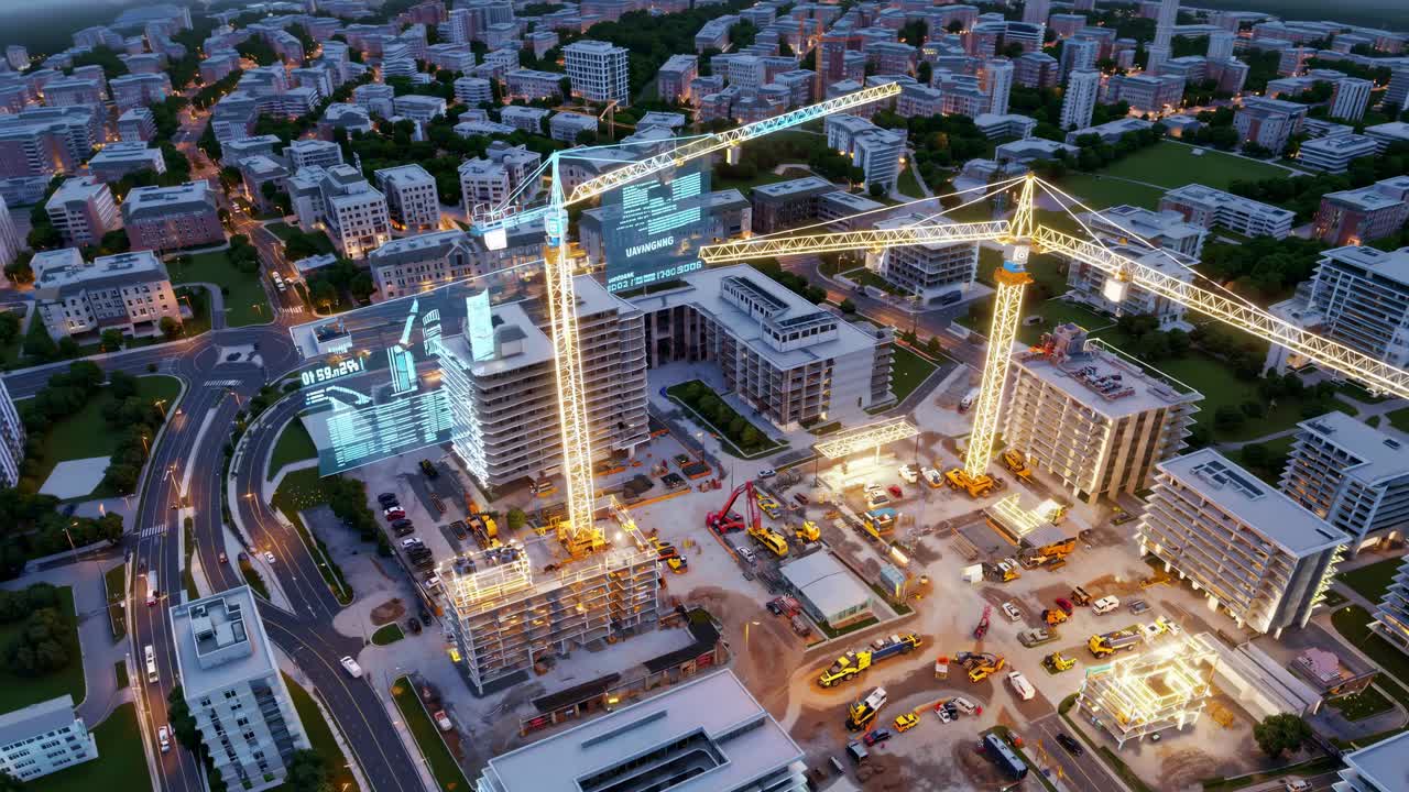 Construction Site with Augmented Reality Overlay at Night