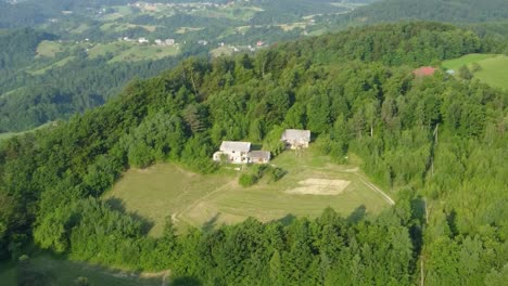 countryside highlands green summer forest and meadows with farm houses