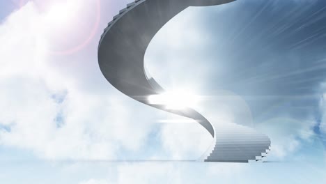 digital animation of spots of light against stairway against clouds in blue sky