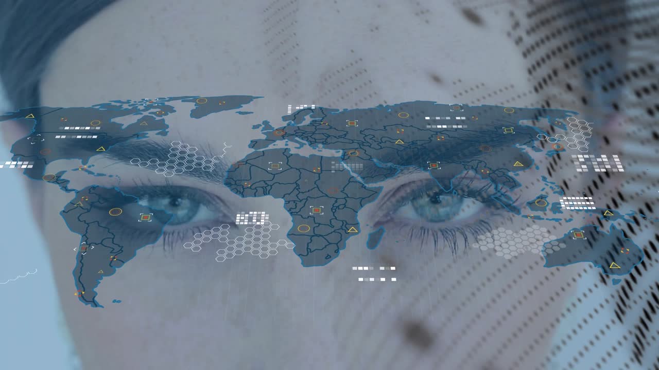Animation of world map and icons over face of caucasian woman