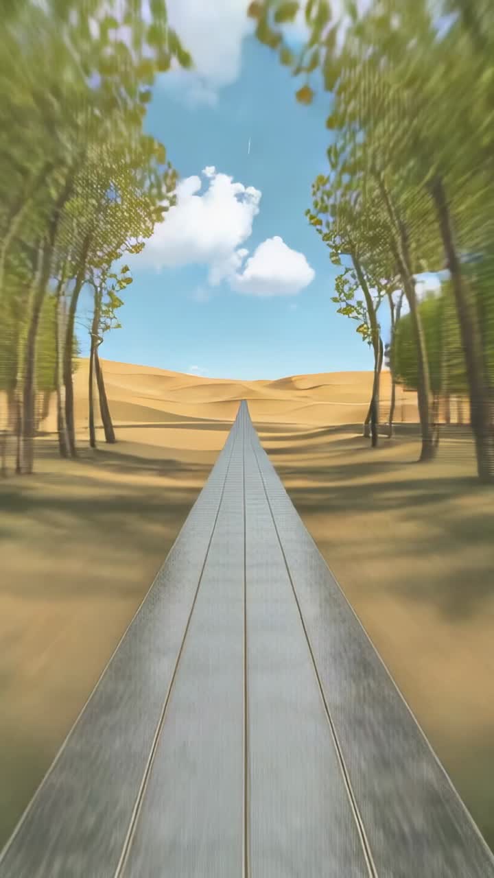 Vídeo vertical: cámara siguiendo una trayectoria fina entre los árboles hasta las dunas de arena, guiando la vista hacia las vías