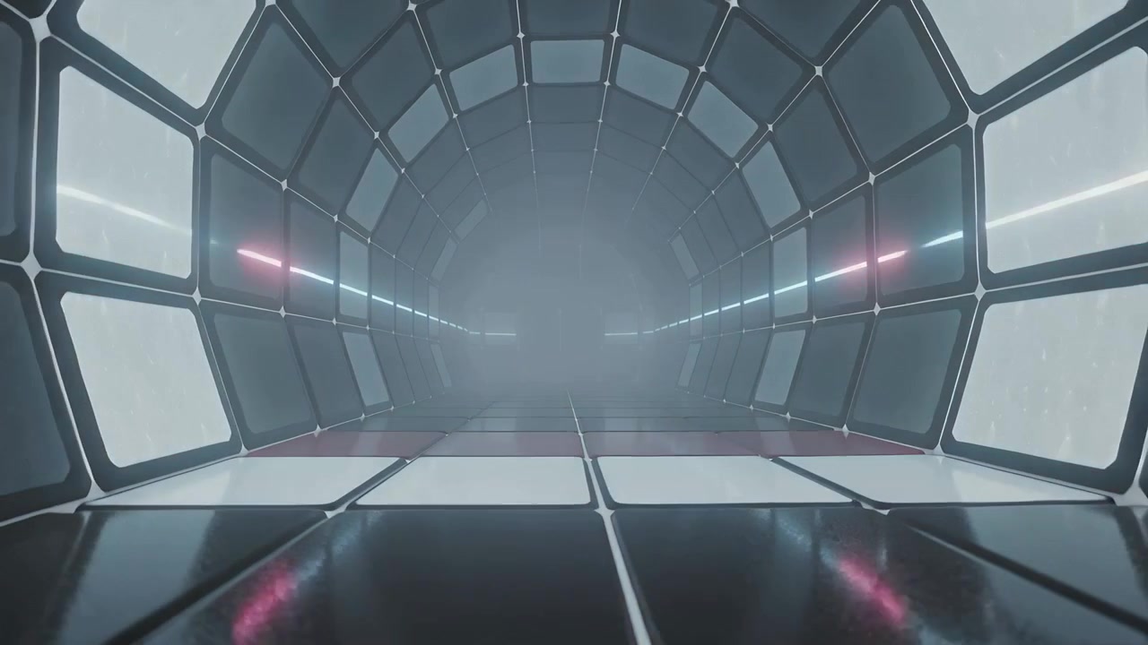 Dolly camera starting forward through empty sci-fi tunnel revealing ringed arch with LED strips