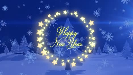 Animation-of-happy-new-year-greetings-text-in-fairy-lights-frame-over-christmas-winter-scenery