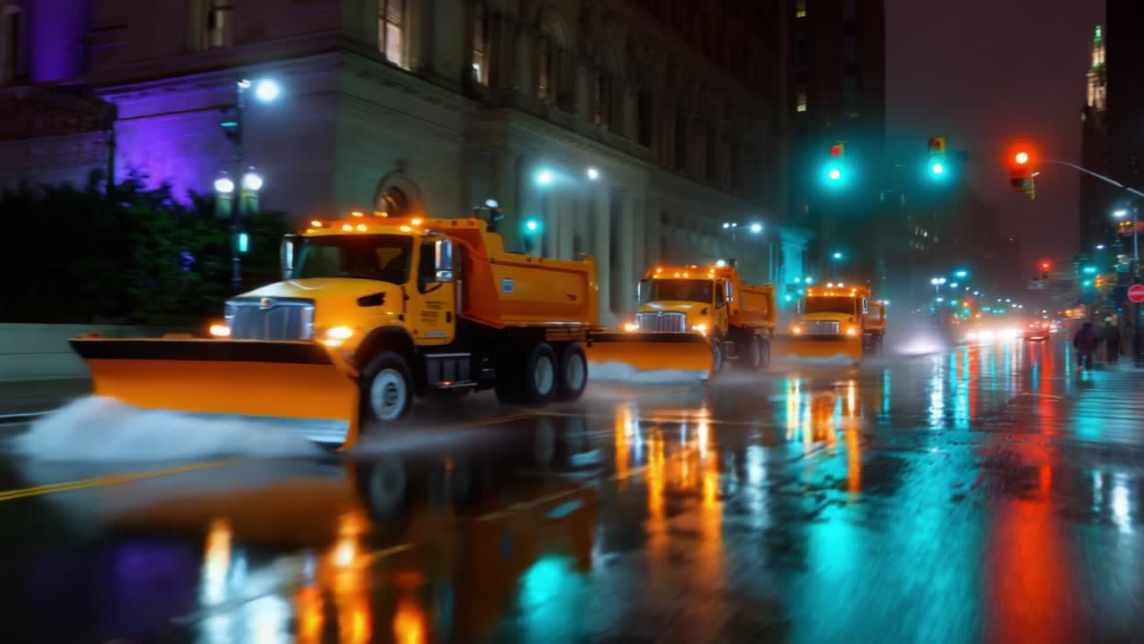 Nighttime Cityscape Featuring Snow Removal Trucks in Motion, Creating Splashes Through Puddles While Illuminated by Streetlights, Highlighting Urban Winter Maintenance Operations