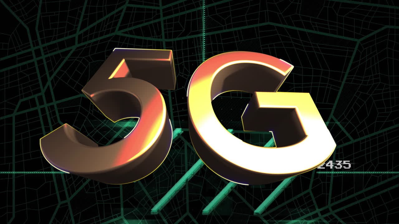 5G animation glowing over digital map background with vibrant blue light