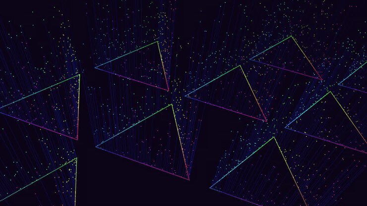 Futuristic triangles pattern with motion small neon glitters