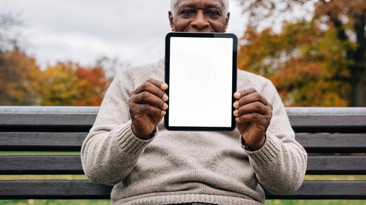Raising senior in gray sweater on park bench, moving tablet chest-to-camera showing blank screen