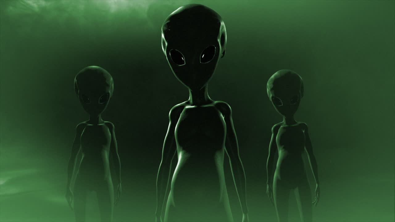 3D CGI slow, smooth push-in shot of a group of three classic, shiny-skinned Roswell grey aliens looking eeire and menacing, in an ominous swirling cloud of mist, with grey and green color tint