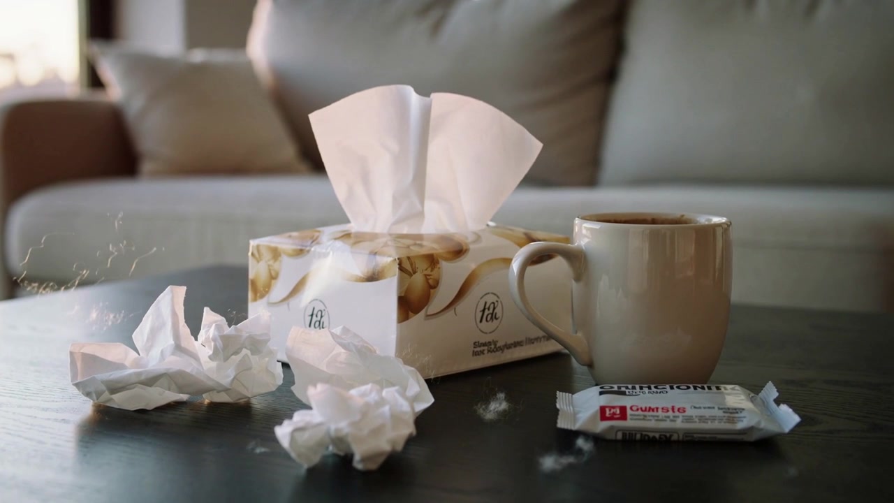Appearing puff of droplets drifting on coffee table in living room, with tissue box and tissues