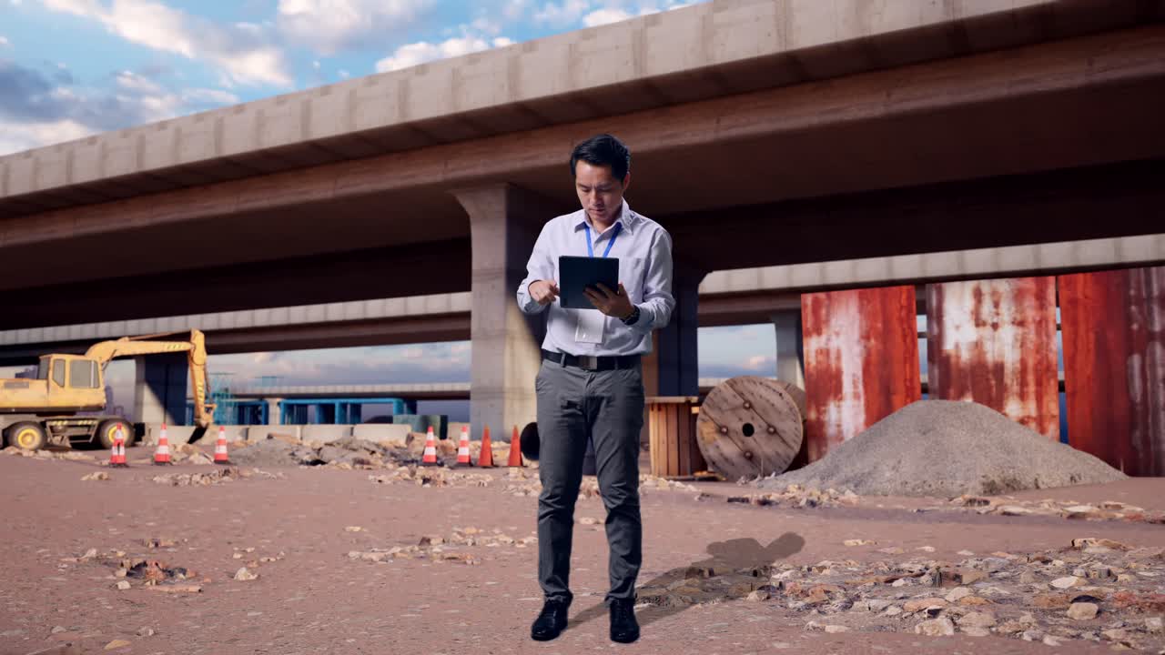 Full Body Side View Of An Asian Male Professional Worker Standing With His Tablet At The Site of Highway Construction, Typing On His Tablet'S Keybaord With Meditation