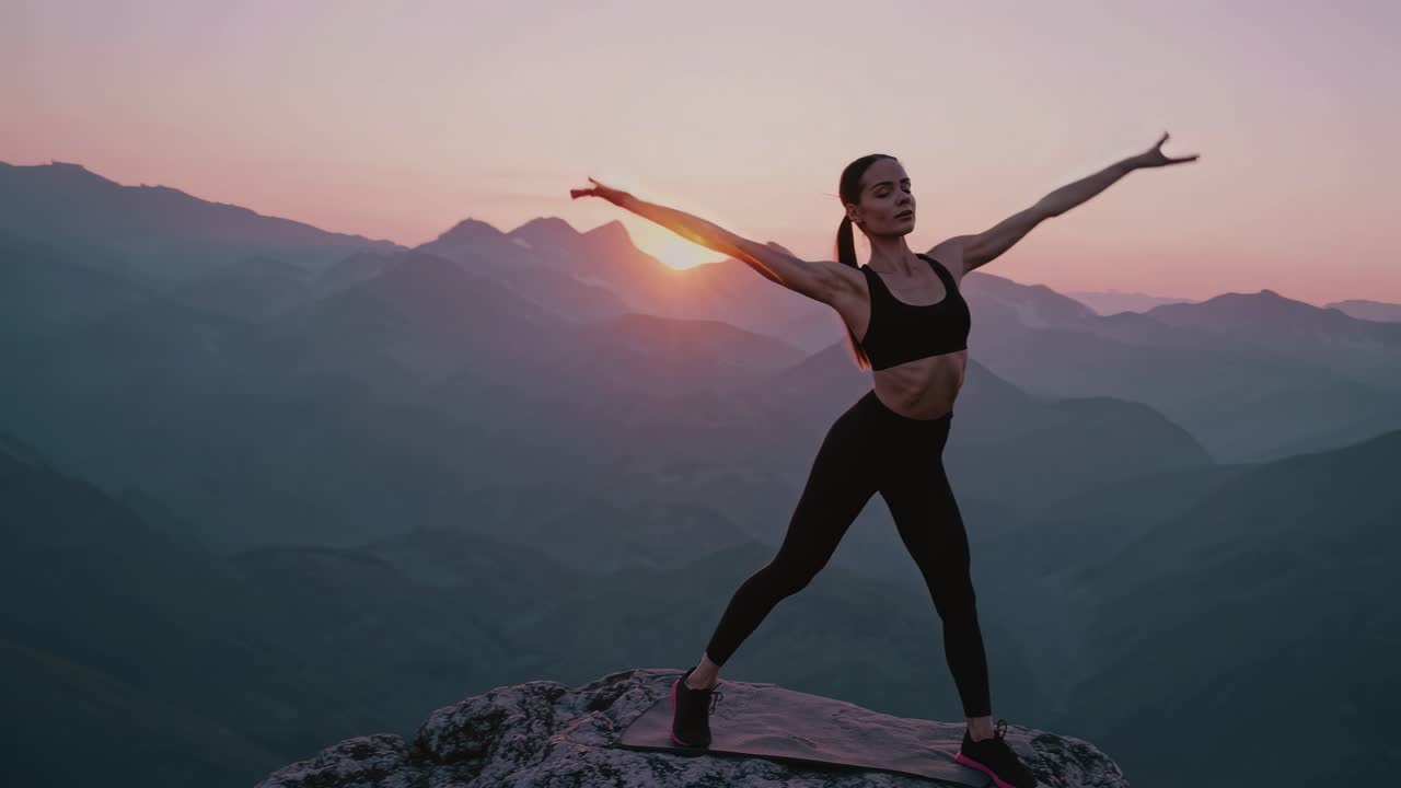 mujer en la naturaleza, puesta de sol y postura de yoga