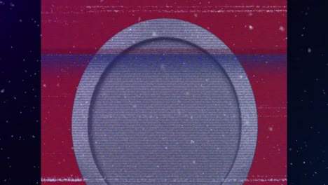 Animation-of-screen-with-glitch-over-purple-circle-on-red-background